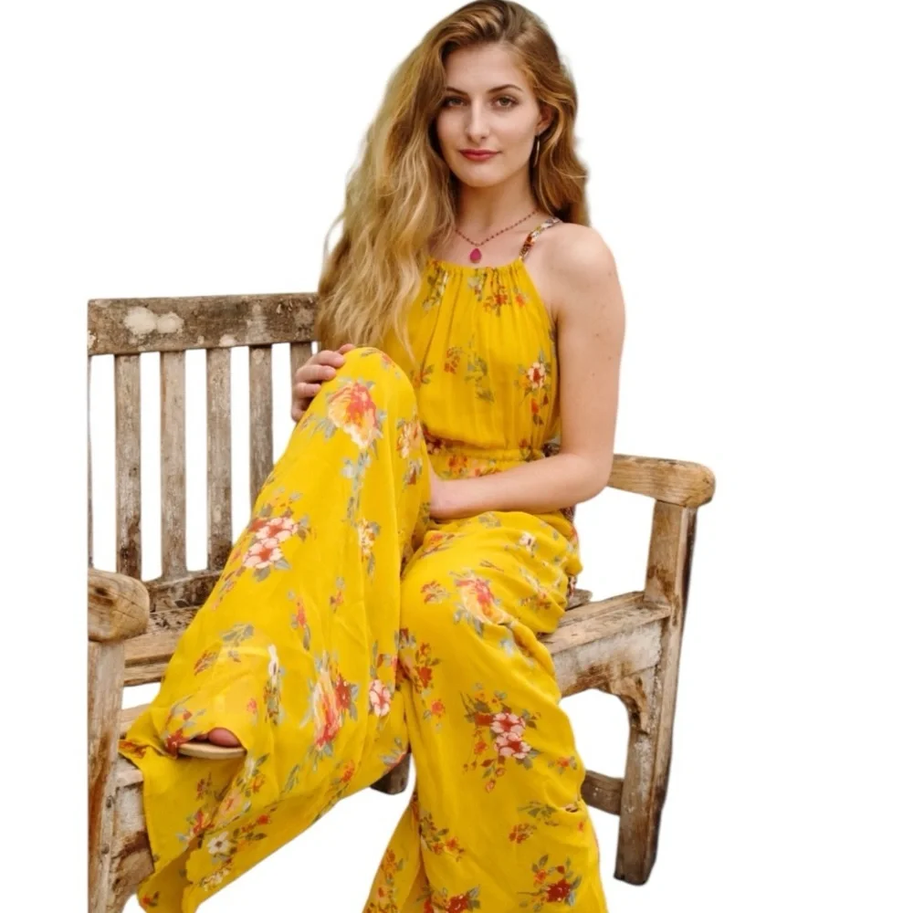 Free People Georgia Floral Golden Yellow Wide Leg Jumpsuit Size Large - Picture 4 of 16